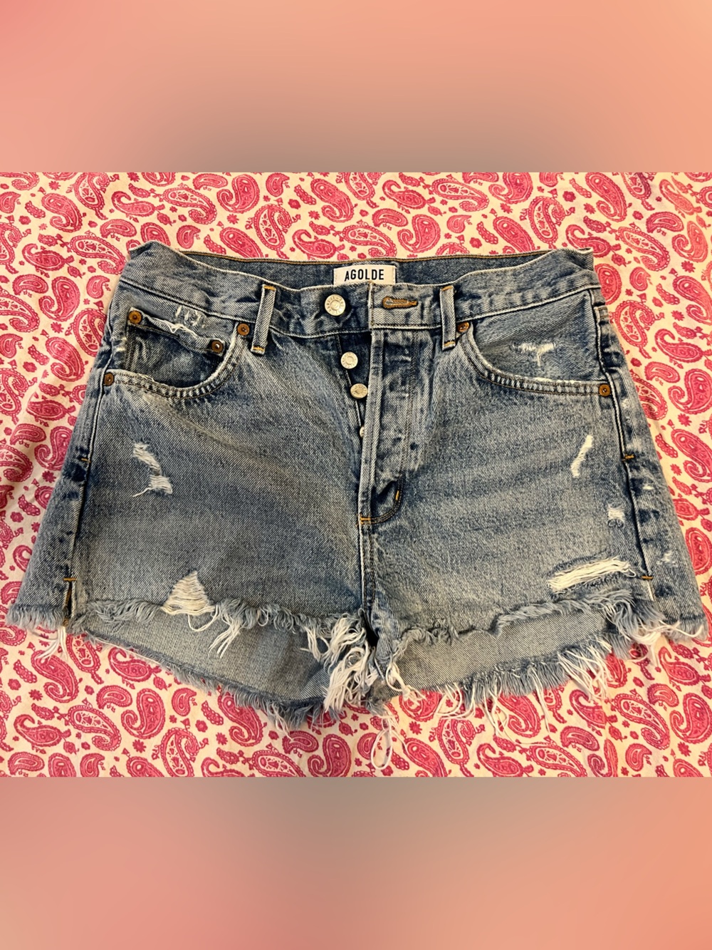 Agolde Light Blue High-Rise Denim Shorts with Frayed Hem